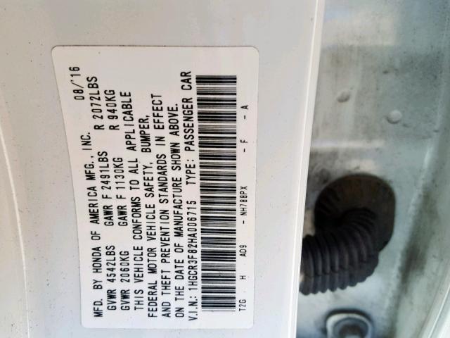 1HGCR3F82HA006715 - 2017 HONDA ACCORD EXL WHITE photo 10