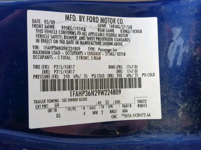 1FAHP36N29W224809 - 2009 FORD FOCUS SES BLUE photo 10