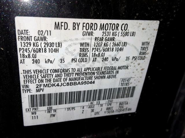 2FMDK4JC8BBA95044 - 2011 FORD EDGE SEL BLACK photo 10