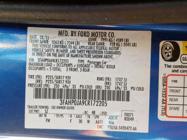 3FAHP0JA9CR172205 - 2012 FORD FUSION SEL BLUE photo 10