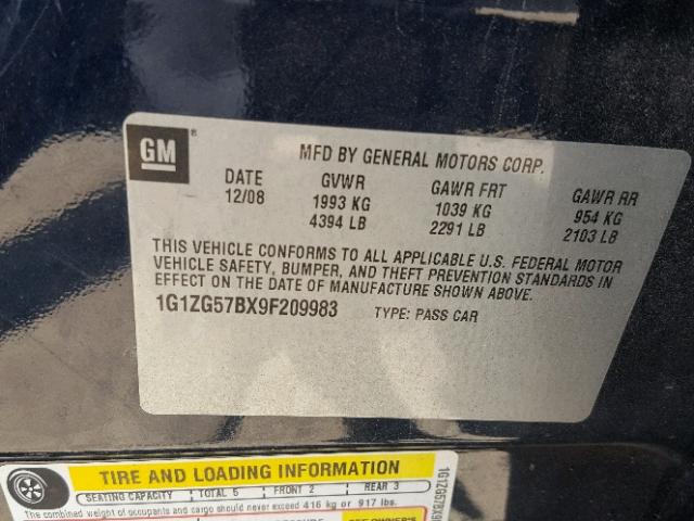 1G1ZG57BX9F209983 - 2009 CHEVROLET MALIBU LS BLUE photo 10