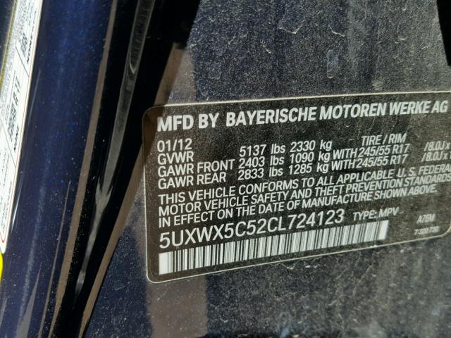 5UXWX5C52CL724123 - 2012 BMW X3 XDRIVE2 BLUE photo 10