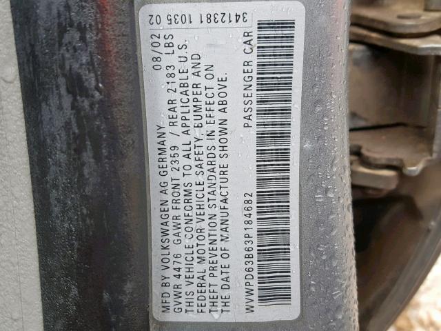 WVWPD63B63P184682 - 2003 VOLKSWAGEN PASSAT GLS GRAY photo 10