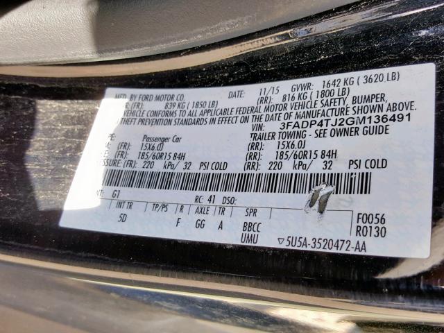 3FADP4TJ2GM136491 - 2016 FORD FIESTA S BLACK photo 10