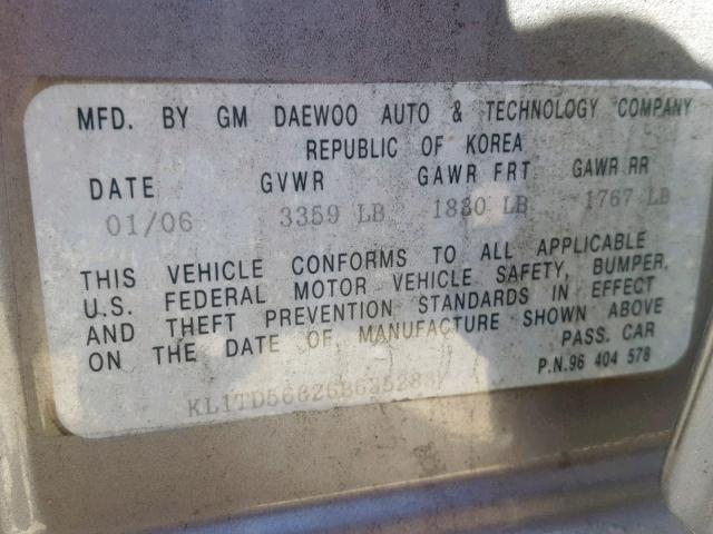 KL1TD56626B635283 - 2006 CHEVROLET AVEO BASE ნაცრისფერი ფოტო 10