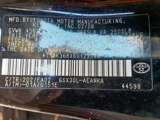 4T1BK36BX6U123380 - 2006 TOYOTA AVALON XL BLACK photo 10