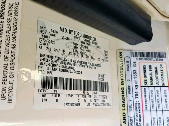 5LMFU28507LJ20201 - 2007 LINCOLN NAVIGATOR Blanc photo 10