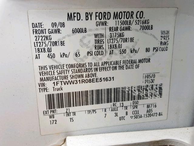 1FTWW31R08EE51631 - 2008 FORD F350 SRW S WHITE photo 10