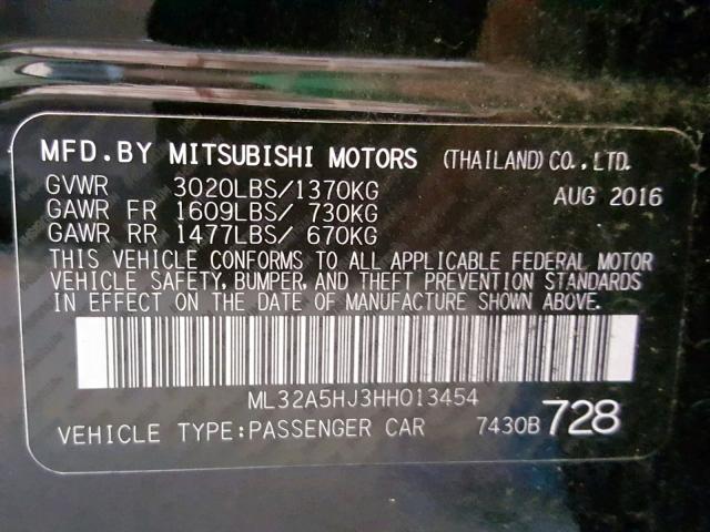 ML32A5HJ3HH013454 - 2017 MITSUBISHI MIRAGE GT BLACK photo 10
