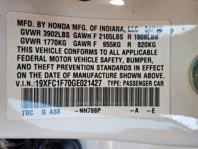 19XFC1F70GE021427 - 2016 HONDA CIVIC EXL WHITE photo 10