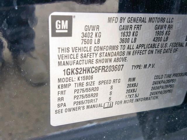 1GKS2HKC8FR203607 - 2015 GMC YUKON XL K BLACK photo 10