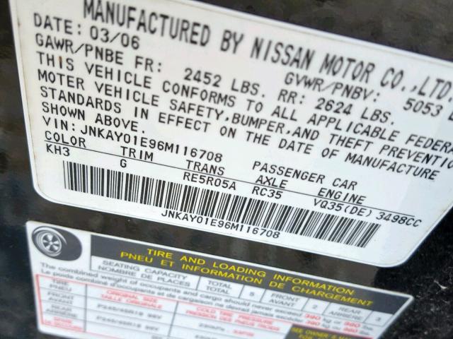 JNKAY01E96M116708 - 2006 INFINITI M35 BASE BLACK photo 10