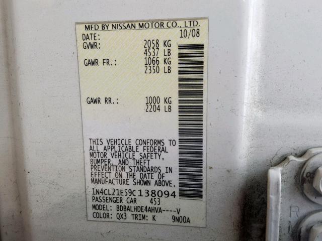 1N4CL21E59C138094 - 2009 NISSAN ALTIMA HYB WHITE photo 10