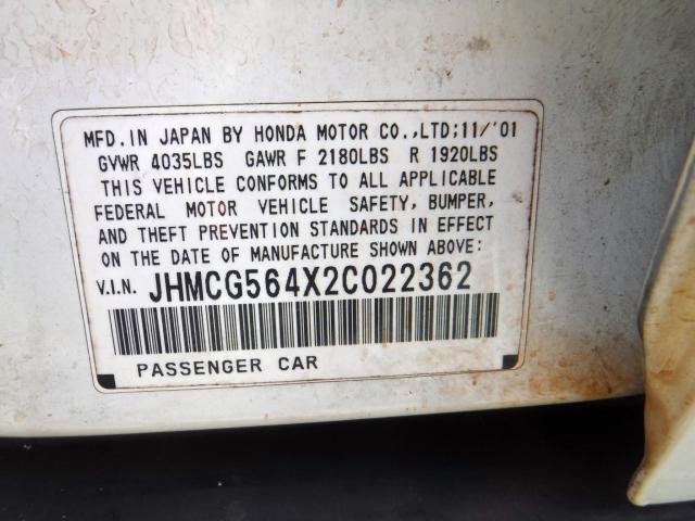 JHMCG564X2C022362 - 2002 HONDA ACCORD LX WHITE photo 10