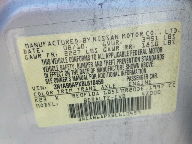 3N1AB6APXBL610459 - 2011 NISSAN SENTRA 2.0 SILVER photo 10