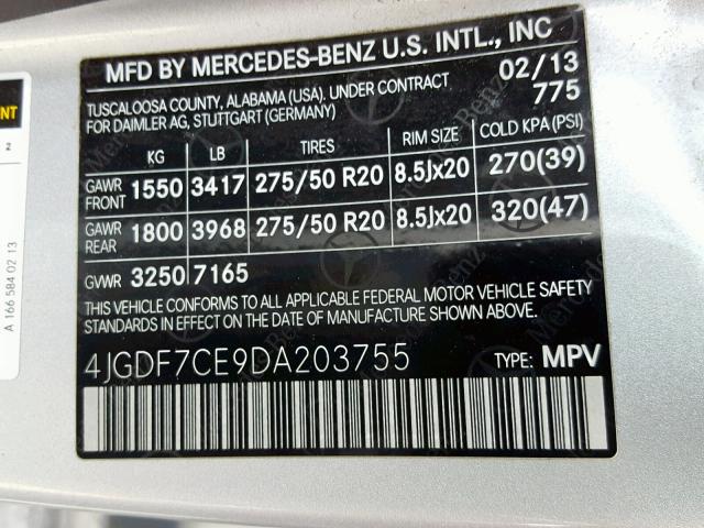 4JGDF7CE9DA203755 - 2013 MERCEDES-BENZ GL 450 4MA SILVER photo 10