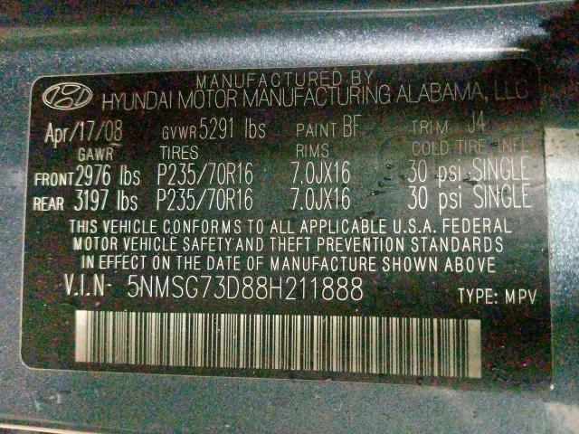 5NMSG73D88H211888 - 2008 HYUNDAI SANTA FE GLS  photo 10