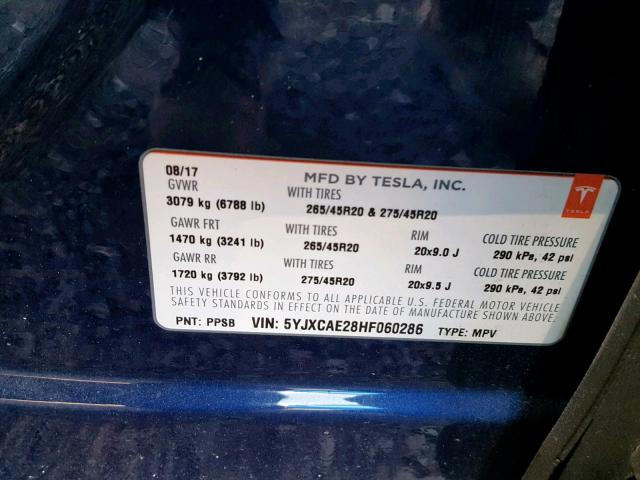 5YJXCAE28HF060286 - 2017 TESLA MODEL X BLUE photo 10