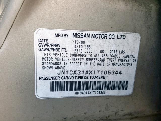 JN1CA31AX1T105344 - 2001 NISSAN MAXIMA GXE TAN photo 10