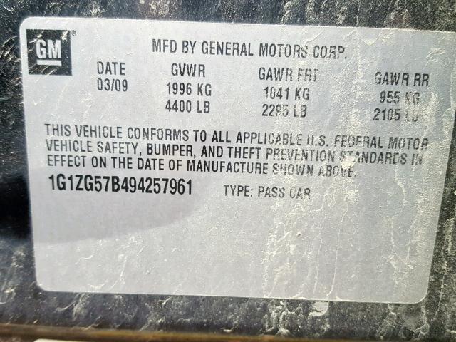 1G1ZG57B494257961 - 2009 CHEVROLET MALIBU LS BLACK photo 10