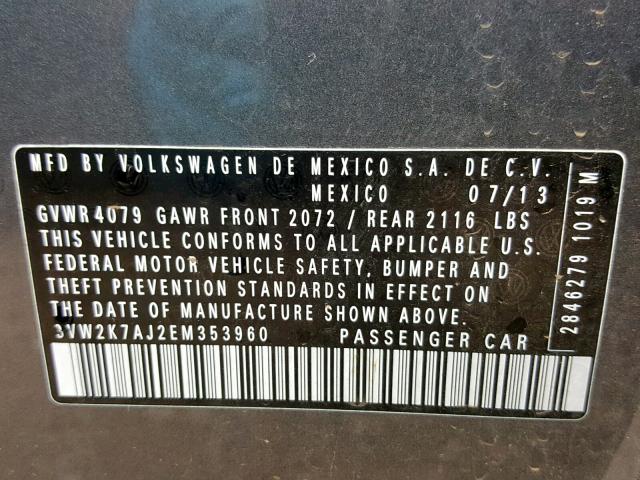 3VW2K7AJ2EM353960 - 2014 VOLKSWAGEN JETTA BASE Մոխրագույն լուսանկար 10