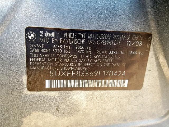 5UXFE83569L170424 - 2009 BMW X5 XDRIVE4 GRAY photo 10