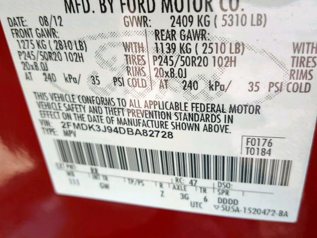 2FMDK3J94DBA82728 - 2013 FORD EDGE SEL RED photo 10