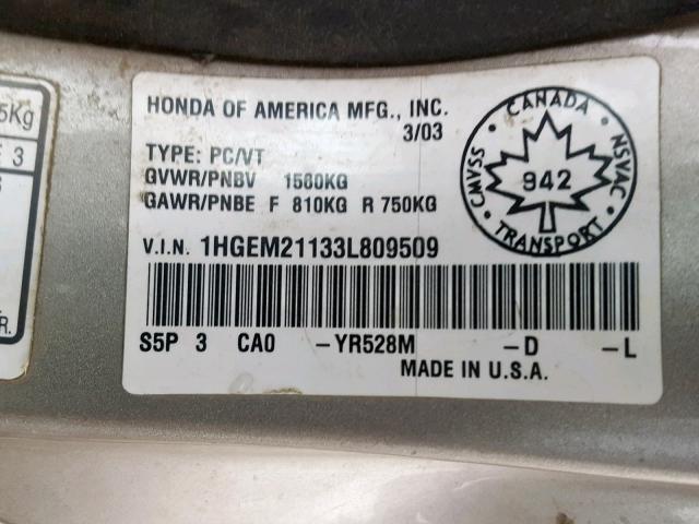 1HGEM21133L809509 - 2003 HONDA CIVIC DX GOLD photo 10