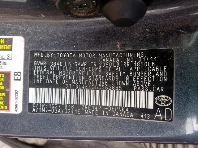 2T1BU4EE3BC562685 - 2011 TOYOTA COROLLA BASE  photo 10