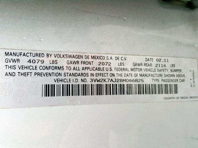 3VW2K7AJ2BM066825 - 2011 VOLKSWAGEN JETTA BASE SILVER photo 10