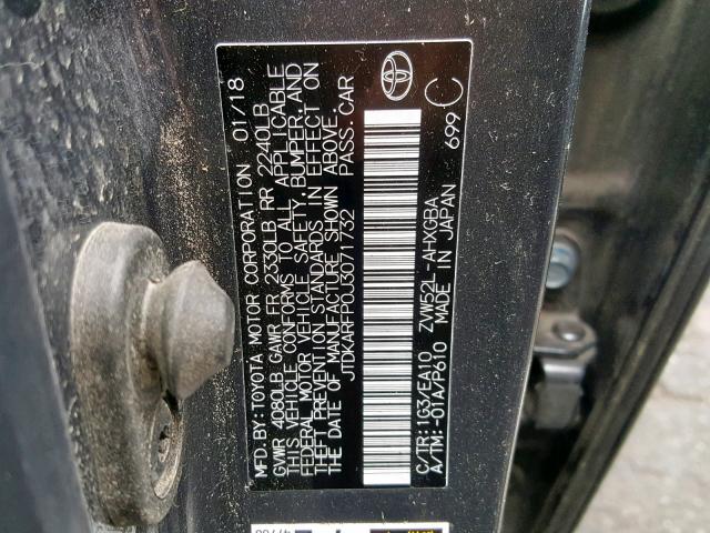 JTDKARFP0J3071732 - 2018 TOYOTA PRIUS PRIM 石墨色 照片 10