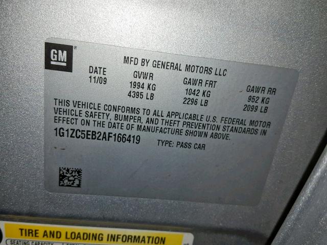 1G1ZC5EB2AF166419 - 2010 CHEVROLET MALIBU 1LT SILVER photo 10