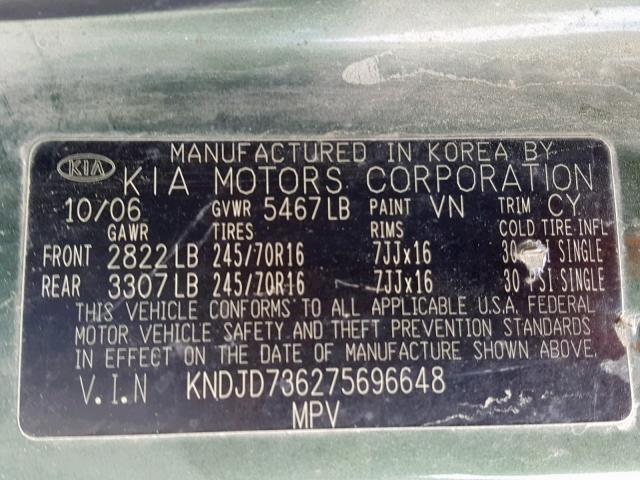 KNDJD736275696648 - 2007 KIA SORENTO EX GREEN photo 10