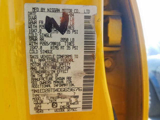 5N1ED28T94C665676 - 2004 NISSAN XTERRA XE YELLOW photo 10