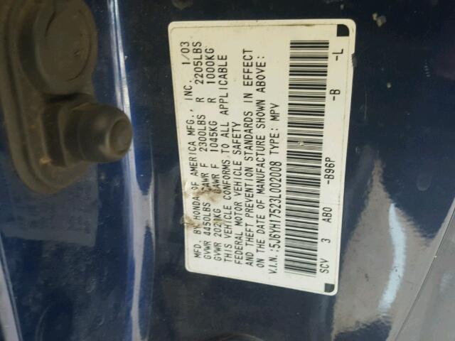 5J6YH17523L002008 - 2003 HONDA ELEMENT EX BLUE photo 10