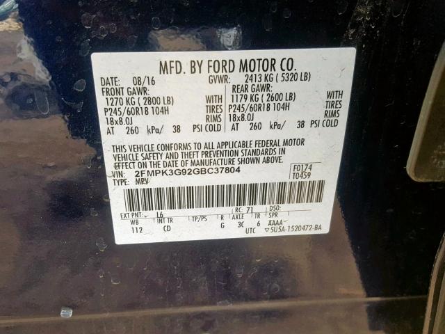 2FMPK3G92GBC37804 - 2016 FORD EDGE SE BLUE photo 10