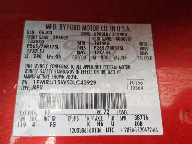 1FMRU15W53LC43929 - 2003 FORD EXPEDITION XLT  photo 10