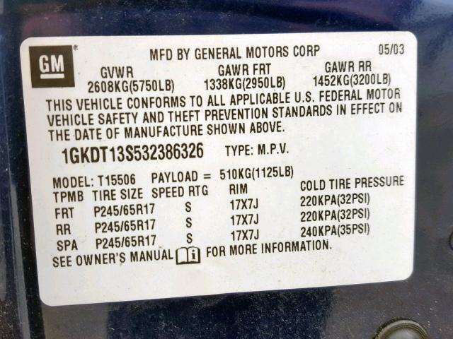 1GKDT13S532386326 - 2003 GMC ENVOY BLUE photo 10