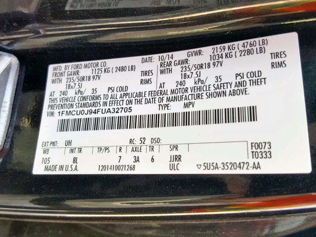 1FMCU0J94FUA32705 - 2015 FORD ESCAPE TIT BLACK photo 10