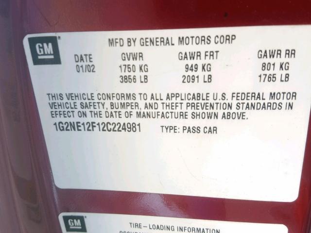 1G2NE12F12C224981 - 2002 PONTIAC GRAND AM S BURGUNDY photo 10