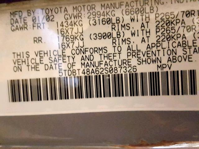 5TDBT48A62S087326 - 2002 TOYOTA SEQUOIA LI GRAY photo 10