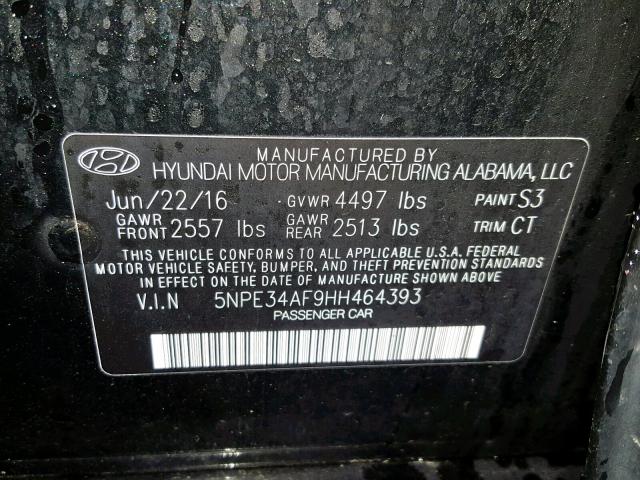 5NPE34AF9HH464393 - 2017 HYUNDAI SONATA SPO BLACK photo 10