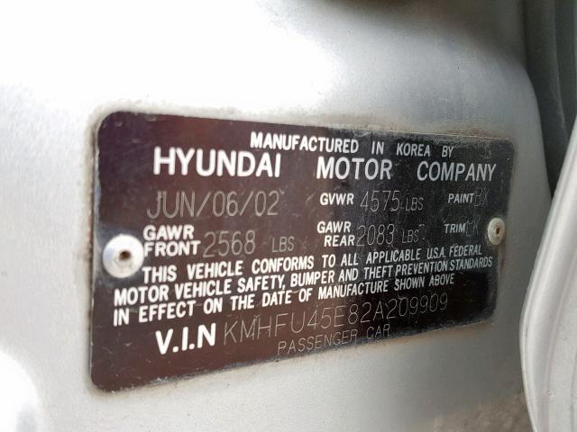 KMHFU45E82A209909 - 2002 HYUNDAI XG 350 SILVER photo 10