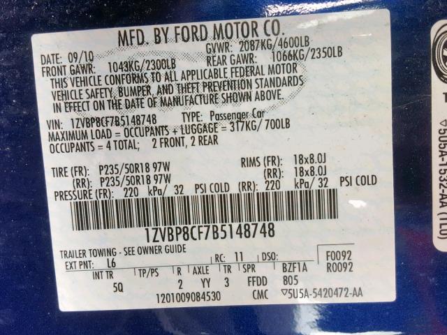 1ZVBP8CF7B5148748 - 2011 FORD MUSTANG GT BLUE photo 10