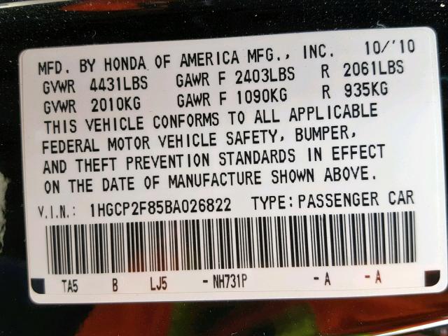 1HGCP2F85BA026822 - 2011 HONDA ACCORD EXL BLACK photo 10