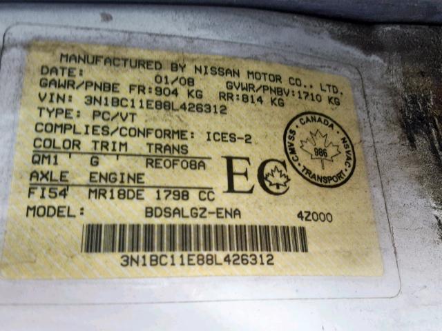 3N1BC11E88L426312 - 2008 NISSAN VERSA S WHITE photo 10