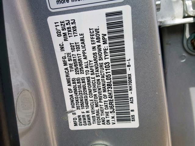 5J6RE4H73BL051103 - 2011 HONDA CR-V EXL SILVER photo 10