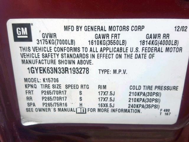 1GYEK63N33R193278 - 2003 CADILLAC ESCALADE L RED photo 10