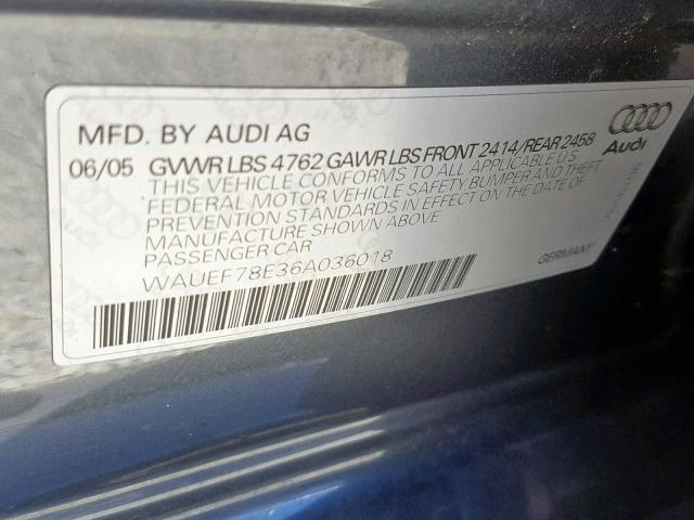 WAUEF78E36A036018 - 2006 AUDI A4 S-LINE GRAY photo 10