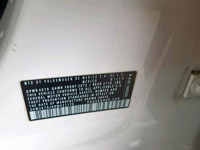 3VW2K7AJ9DM421170 - 2013 VOLKSWAGEN JETTA BASE 白色 照片 10